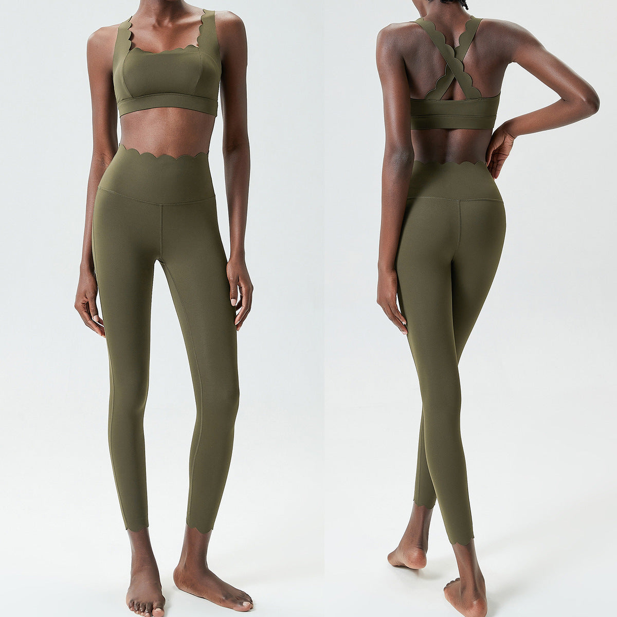 Women Casual Solid Color Liquid Glue Small Wave Sports Yoga Top Pants Two-Piece Set