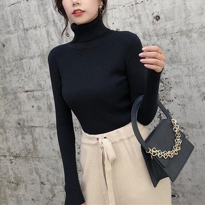 Top de punto de manga larga con cuello alto y color liso informal básico a la moda para mujer