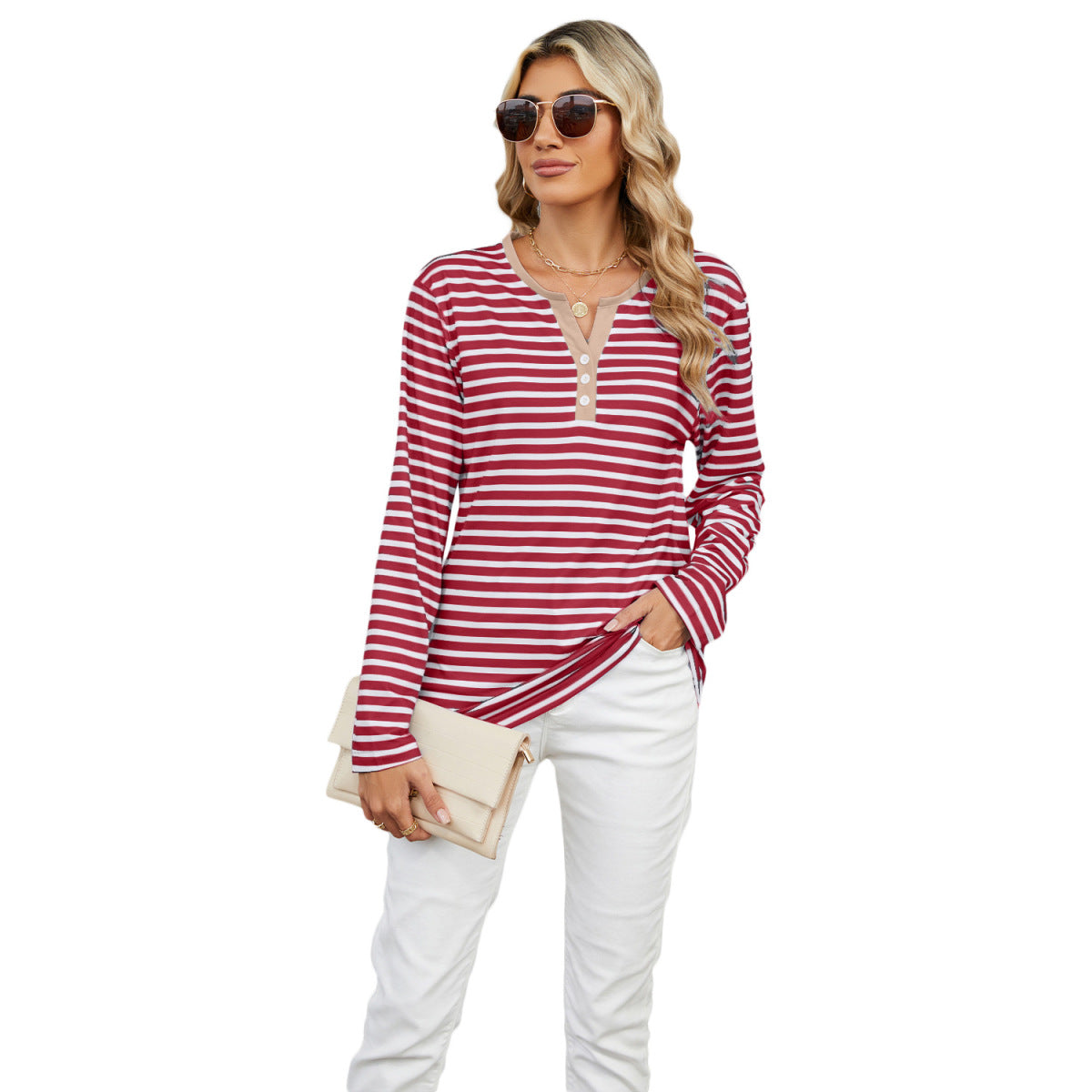 Camiseta informal de verano para mujer con cuello en V y estampado de rayas de manga larga