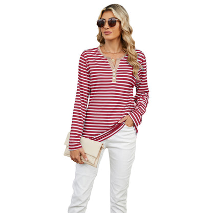 Camiseta informal de verano para mujer con cuello en V y estampado de rayas de manga larga