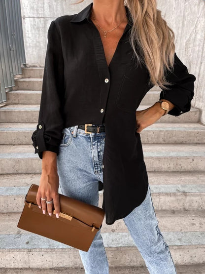 Blusa sencilla, básica, informal, de color liso, con cuello en V y solapa con botones para mujer