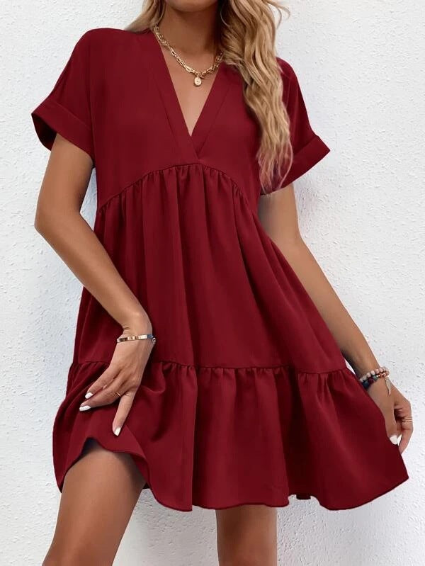 Vestido informal de verano para mujer, con escote en V y manga corta, estilo swing grande