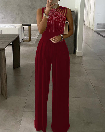 Women Casual Trousers Summer Slim Solid Color Rhinestones Decorative Jumpsuit