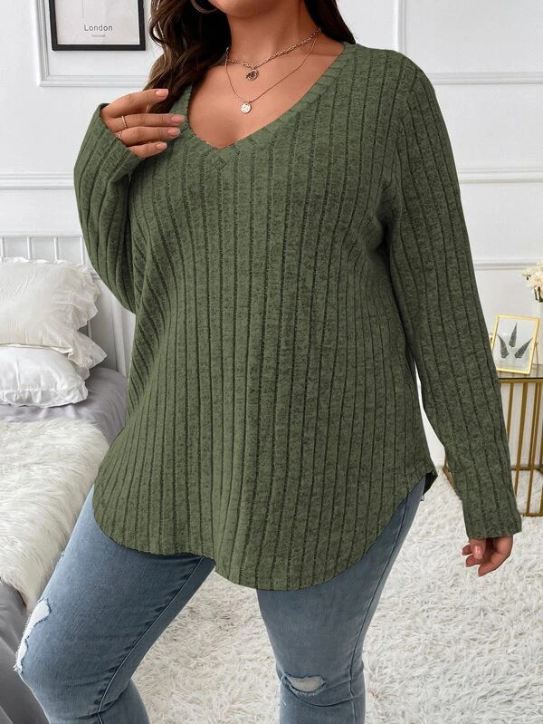 Women Fashion Casual Solid Color Rib-Knit Long Sleeve Plus Size Top