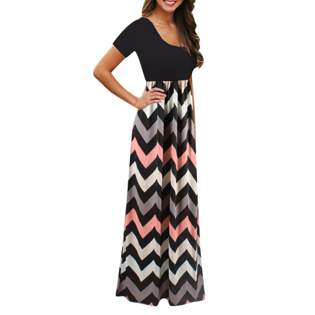 Vestido largo informal de manga corta con cuello redondo y estampado floral para mujer