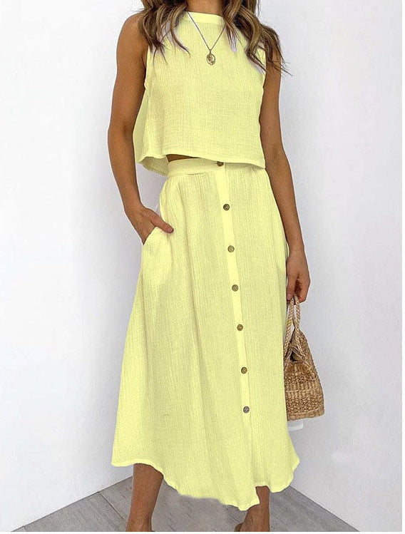 Conjunto de dos piezas de camiseta sin mangas con cuello redondo informal para mujer, largo midi y falda con botones.