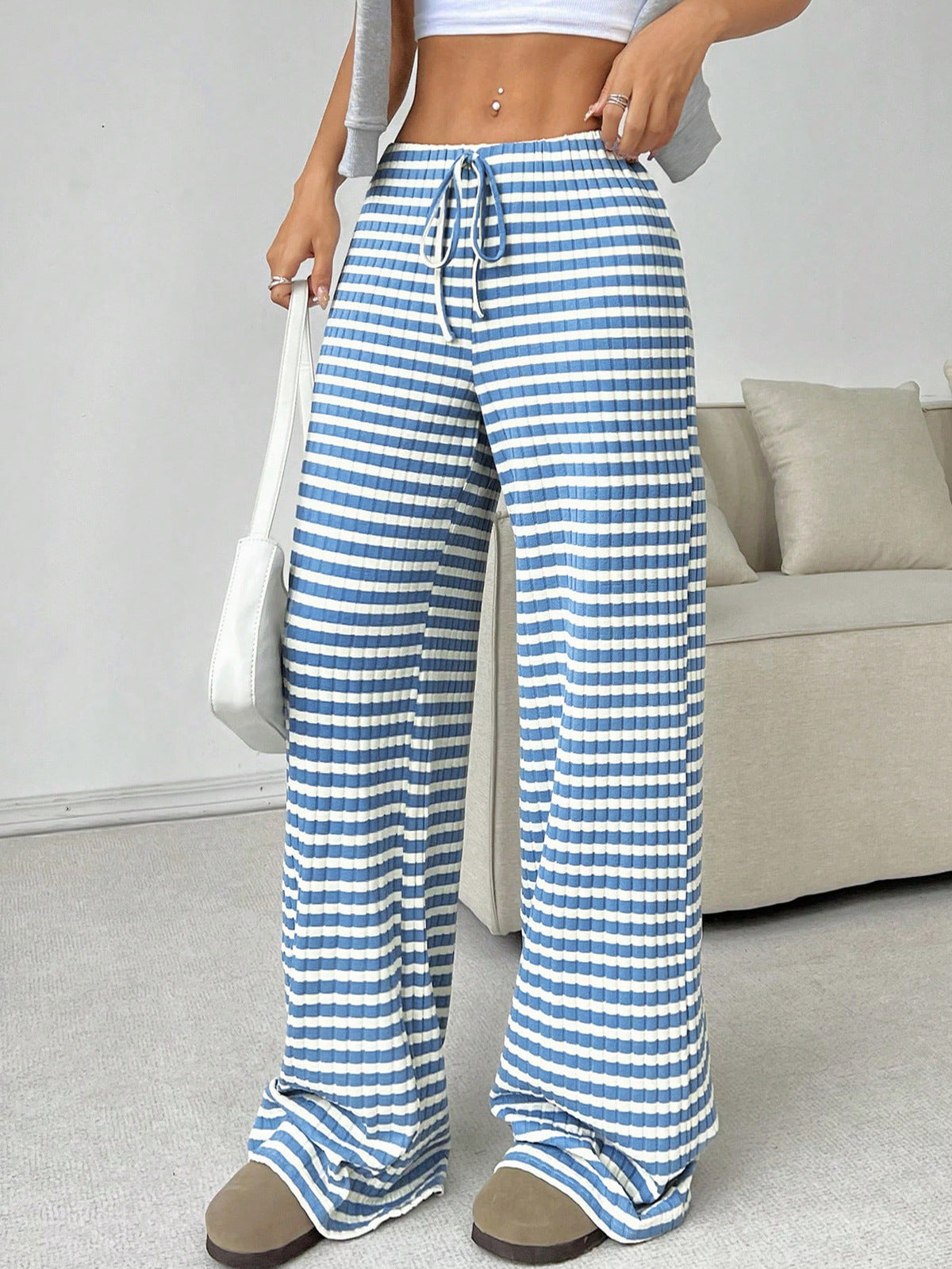 Women Casual Loose Stripe Solid Color Drawstring Pants