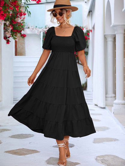 Vestido largo informal de verano para mujer, estilo bohemio, color liso, con hombros descubiertos y volantes