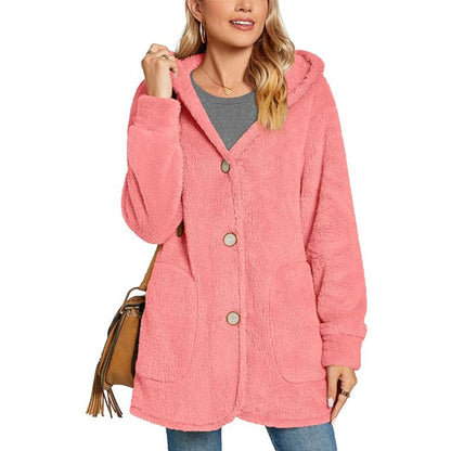 Cárdigan informal con capucha y bolsillos abotonados de felpa para mujer de invierno