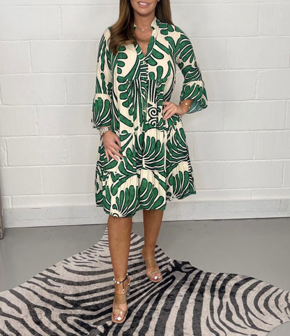 Casual Boho Women Graphic Print V Neck Loose Shirt Dress