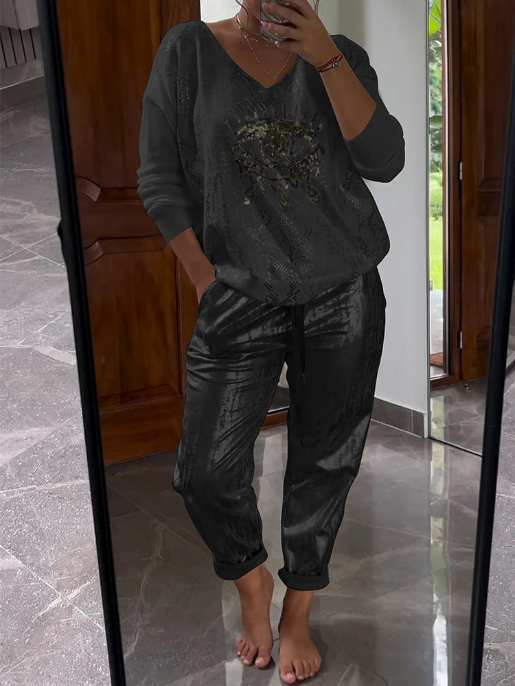 Conjunto de top y pantalón bronceador con efecto ojo malvado para mujer, informal, a la moda, brillante