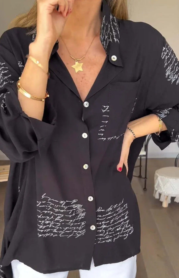 Blusa informal de manga larga con solapa y estampado de letras para mujer
