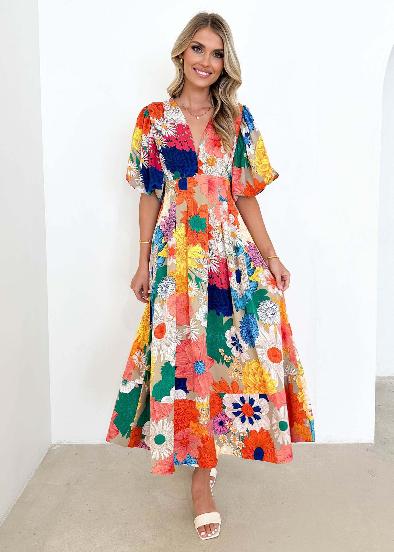 Vacation Women Casual Fashion Floral Print Puff Sleeve Maxi Dress