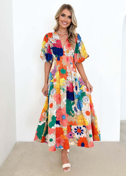 Vacation Women Casual Fashion Floral Print Puff Sleeve Maxi Dress