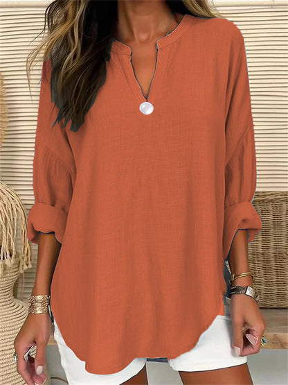 Blusa holgada informal de color liso con escote en V y un botón para mujer