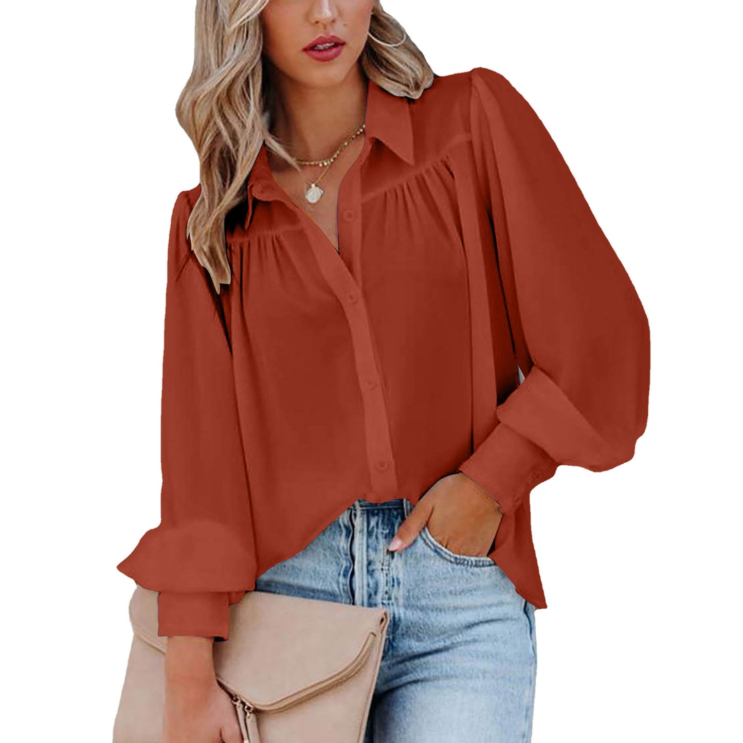 Casual Elegant Women Office Chic Solid Color Lapel Shirt Blouse