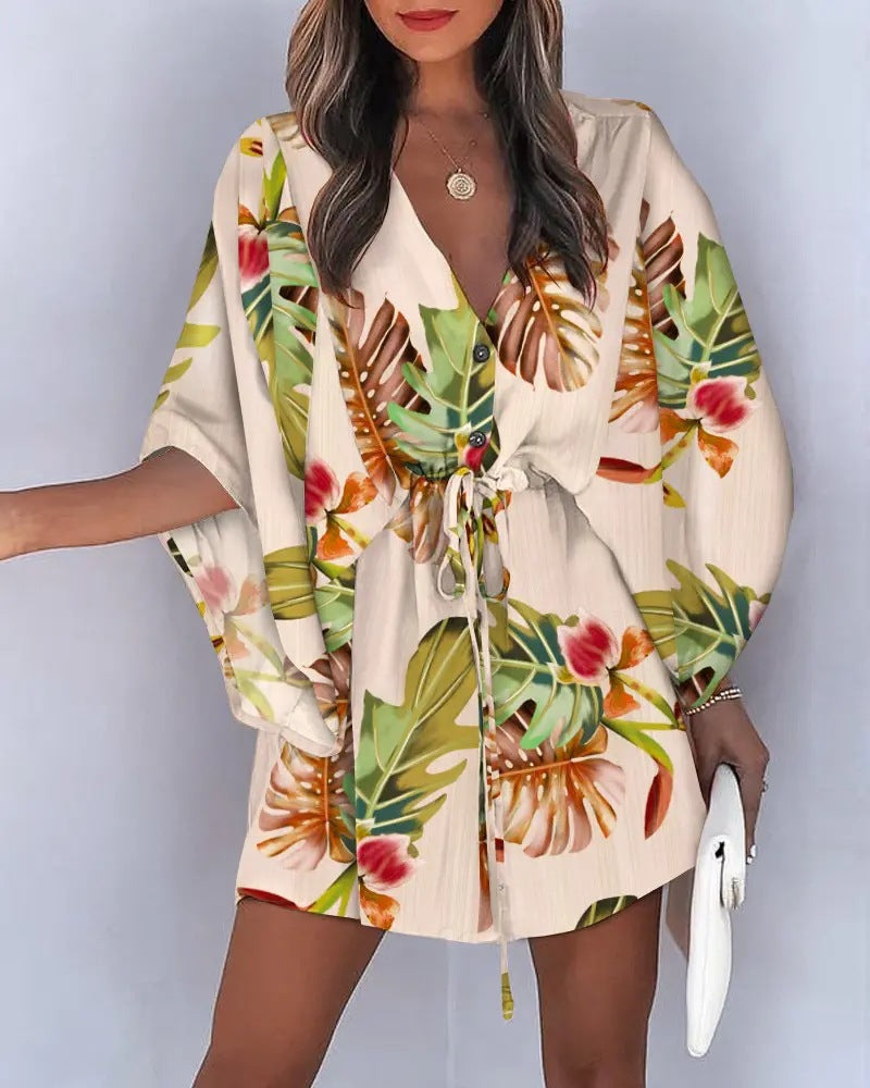 Women'S Casual V-Neck Drawstring Print Dress