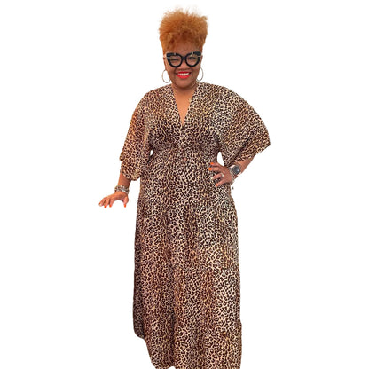 Women Fashion Casual Plus Size Leopard Print Deep V Dress