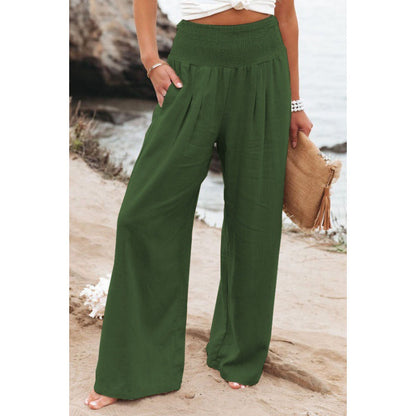 Women Fashion Casual Solid Color Cotton Linen Elastic-Waist Wide Leg Pants