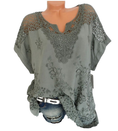 Plus Size Women Casual Loose Short-Sleeved Lace Solid Color Hollow Out Blouse