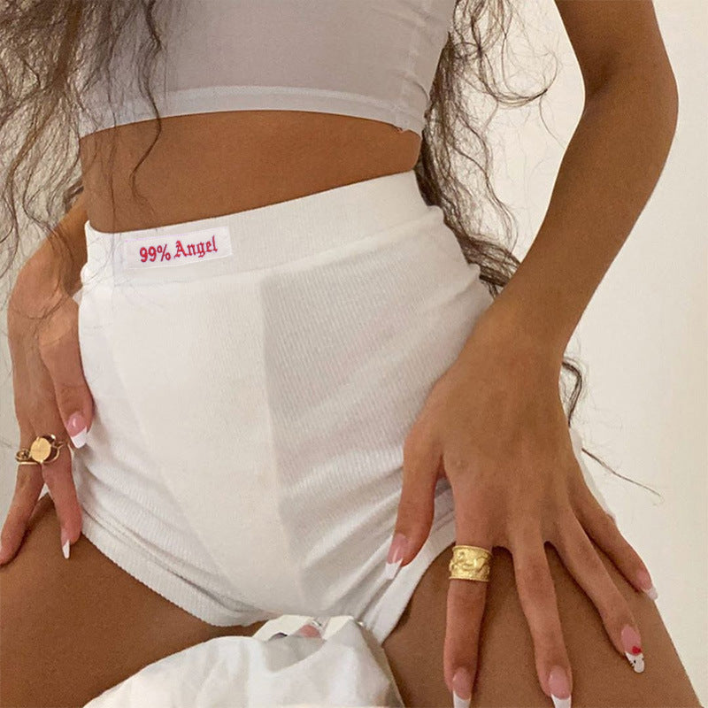 Summer Women Basic Letter Applique Rib Knit High Waist Casual Yoga Shorts