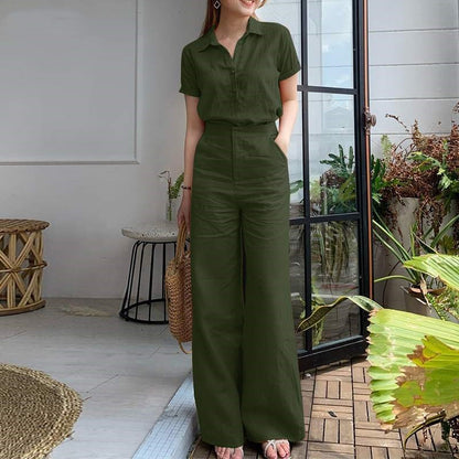 Conjunto de dos piezas de top y pantalón de manga corta con solapa y color liso informal para mujer