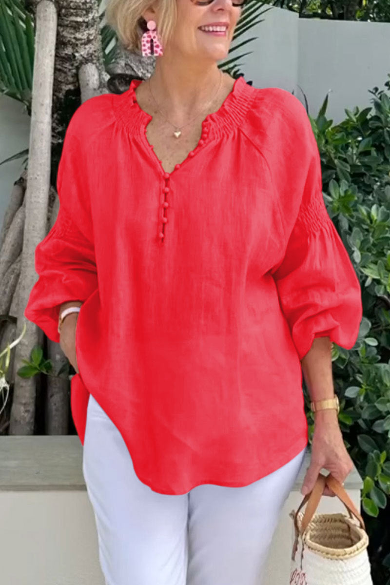 Blusa informal de algodón y lino de color liso con cuello en V y manga larga para mujer