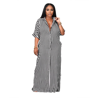 Women Casual Stripe Color Blocking Short Sleeves Loose Lapel Shirt Maxi Dress