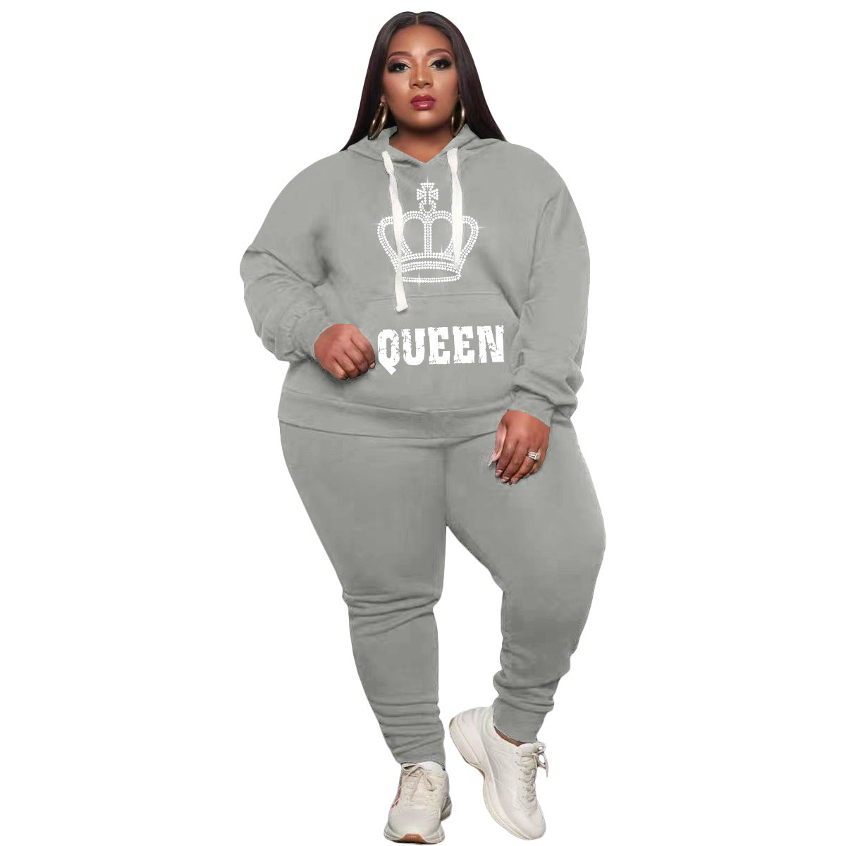 Conjunto de dos piezas deportivo informal de talla grande para mujer, de manga larga, con estampado de letras Queen y pantalones de color liso con diamantes de imitación