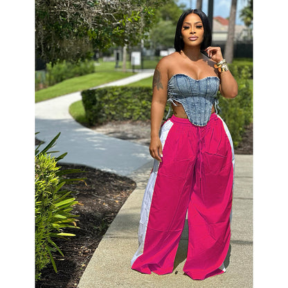 Women Fashion Casual Loose Contrast Color Stitching Wide Leg Pants