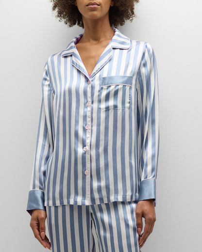 Conjunto de pijama de dos piezas para mujer, informal, a rayas, con solapa, manga larga, pantalones holgados