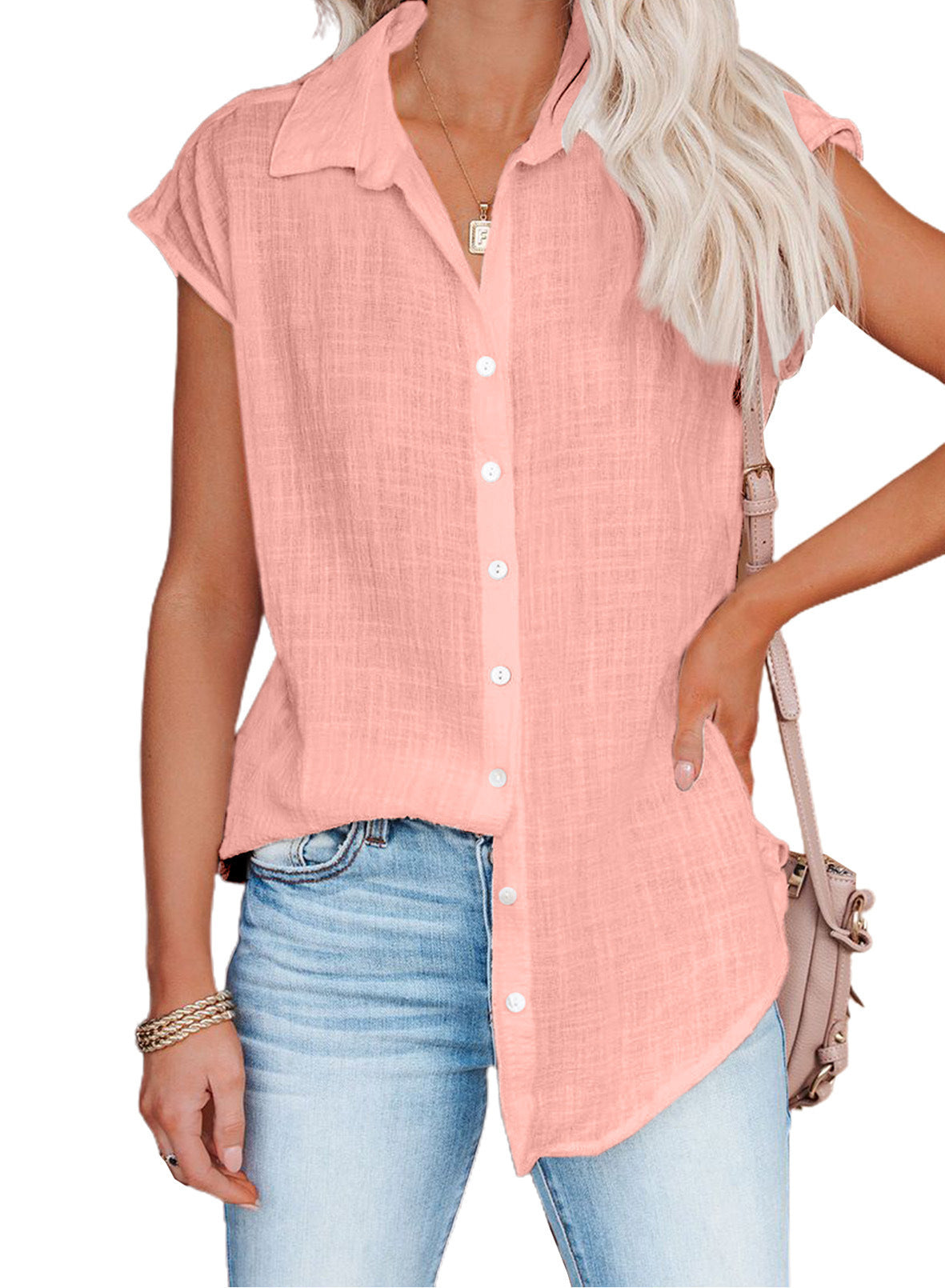 Blusa informal holgada de color liso con solapa y botonadura sencilla sin mangas para mujer