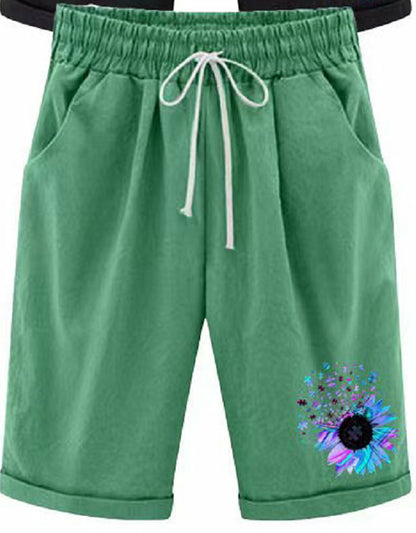 Women Casual Solid Color Printed High Waist Cotton Linen Shorts