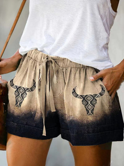 Pantalones cortos holgados con cordones y cintura alta con estampado digital informal a la moda para mujer
