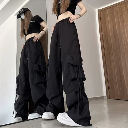 Women Casual Solid Color Pocket High Waist Straight Cargo Pants
