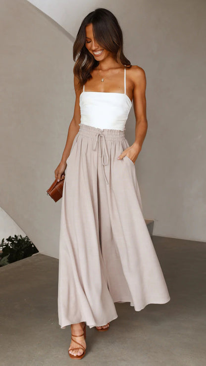 Summer Women'S Loose Casual Solid Color High Waist Wide Leg Vacation Pants