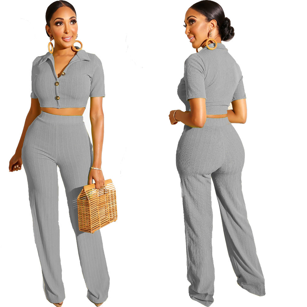 Conjunto de dos piezas de top corto de punto informal con solapa y manga corta para mujer