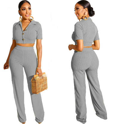 Conjunto de dos piezas de top corto de punto informal con solapa y manga corta para mujer