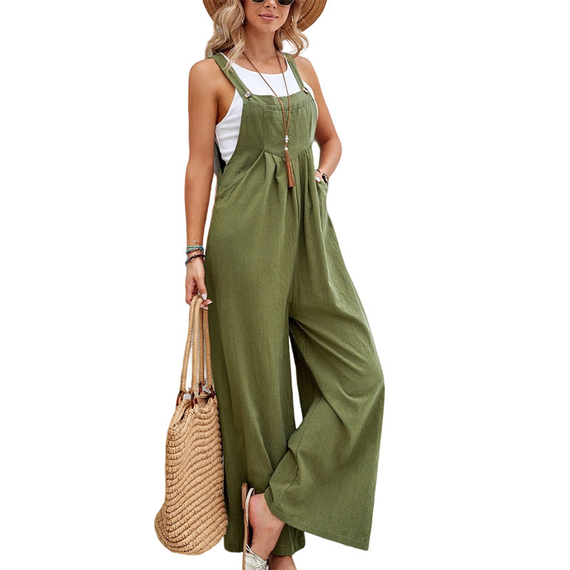 Women Solid Color Casual Wide Leg Suspender Jumpsuits