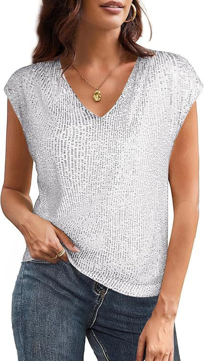 Women Fashion Casual Solid Color Sequin V-Neck Short Sleeve Blouse