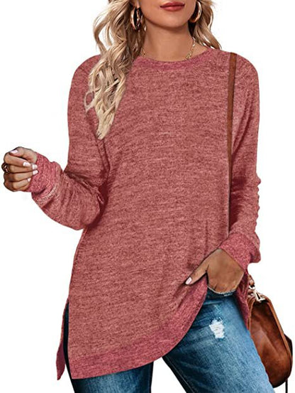 Camiseta informal de manga larga con cuello redondo y abertura en color para mujer