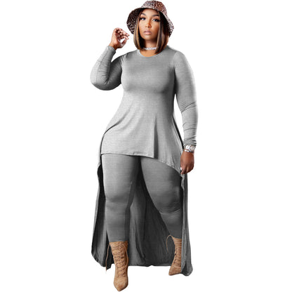 Conjunto de dos piezas formado por top y pantalón de manga larga, informal, talla grande, color liso, irregular, para mujer