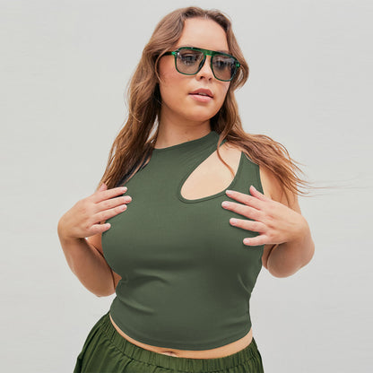 Summer Women Fashion Plus Size Casual Round Neck Hollow Sleeveless Top