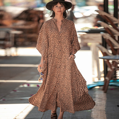 Women Casual Loose Stripe Leaf Feather Print Bikini Cover-Ups