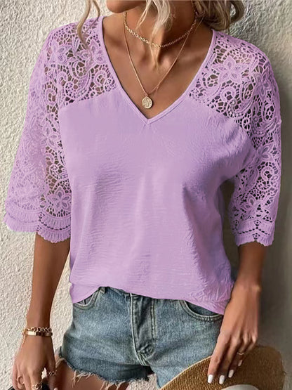 Blusa informal de encaje liso con cuello en V y retazos para mujer