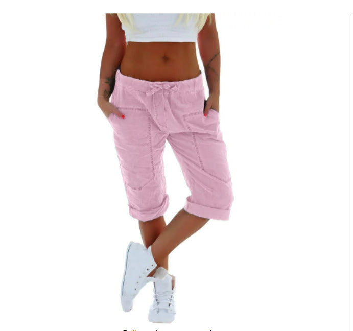 Women Summer Casual Solid Color Drawstring Waist Cropped Pants