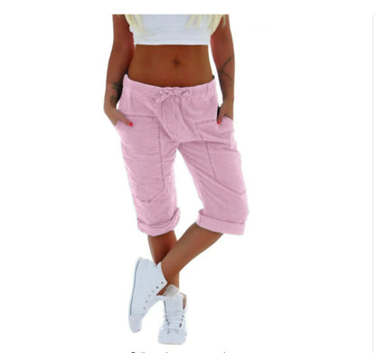 Women Summer Casual Solid Color Drawstring Waist Cropped Pants