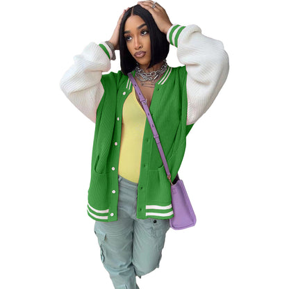 Chaqueta de punto con botonadura sencilla y bloques de color, informal, a la moda para mujer