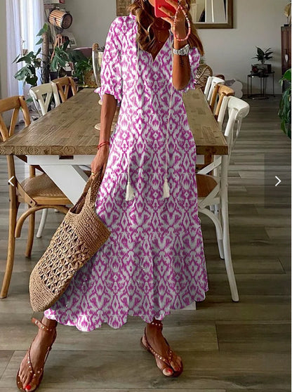Women Casual Loose V Neck Floral Maxi Dress