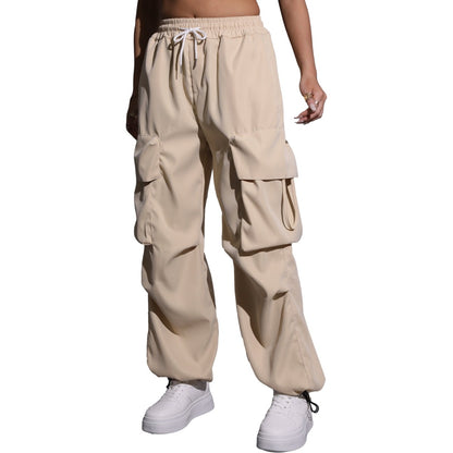 Women Fashion Casual Solid Color Multi-Pocket Drawstring Wide-Leg Pants